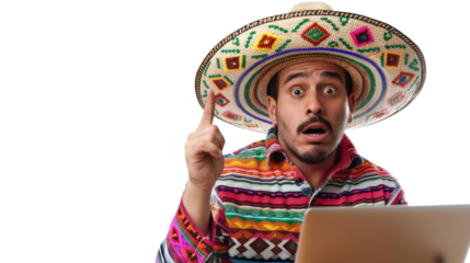 Mexican young male Employee IT specialist sit at work with laptop on white background


