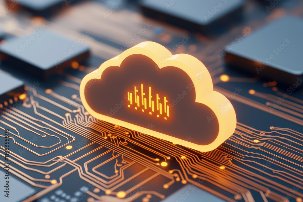 Poster digital cloud symbol on circuit board, representing technology and data storage