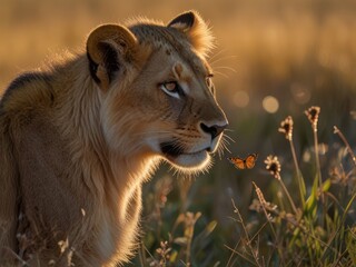 Naklejka premium Lioness and Monarch Butterfly Sharing a Serene Golden Hour Moment