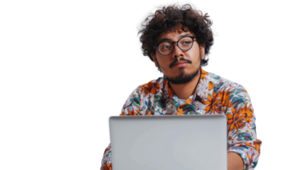 Mexican young male Employee IT specialist sit at work with laptop on white background



