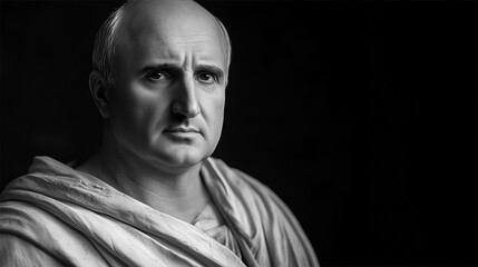 Marcus Tullius Cicero black-and-white portrait, facial reconstruction based on Roman sculptures.
