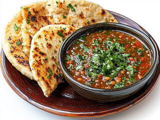 A plate featuring naan bread and a bowl of lentil curry garnished with herbs.