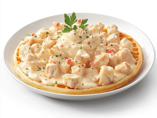 A plate of chicken and creamy sauce served on a waffle, garnished with parsley.