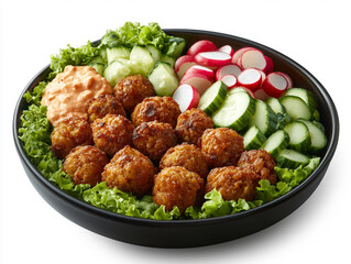 A platter of crispy meatballs surrounded by fresh vegetables and dips.