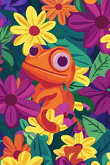 Vibrant orange lizard surrounded by colorful flowers in a lively garden setting