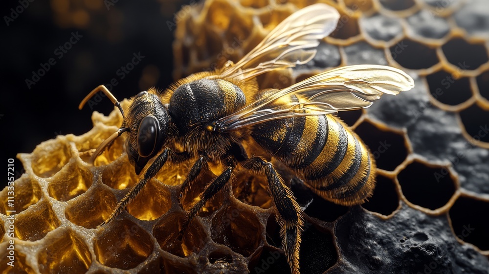 Poster macro image of a bee actively collecting nectar on a textured honeycomb, emphasizing the intricate d