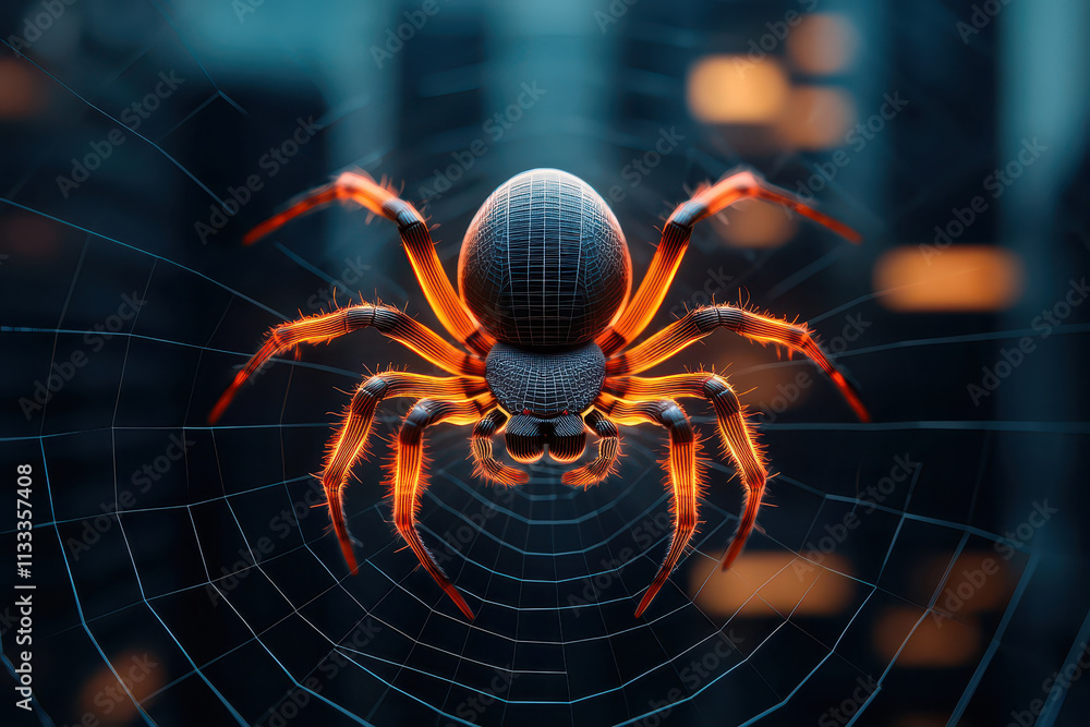 Poster robotic spider weaving web in futuristic cityscape, showcasing intricate design and glowing features
