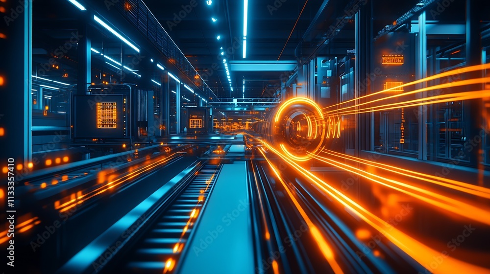 Poster advanced digital railway with neon lights in cybernetic industrial environment : generative ai