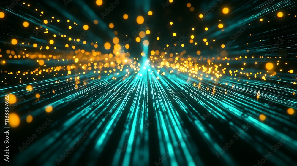 Poster Vivid Space Tunnel with Streams of Blue and Dazzling Golden Dots : Generative AI