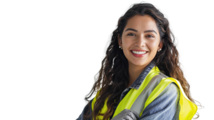 Mexican young female smiling in yellow warning vest safety on white background