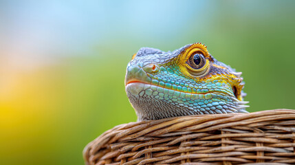 Fototapeta premium close up of colorful lizard resting in woven basket, showcasing its vibrant scales and curious expression