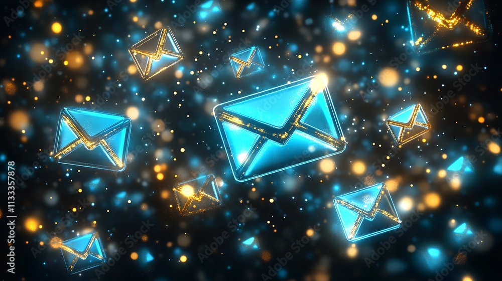 Aufkleber glowing neon blue envelopes scattered in dynamic abstract digital communication scene : generative a