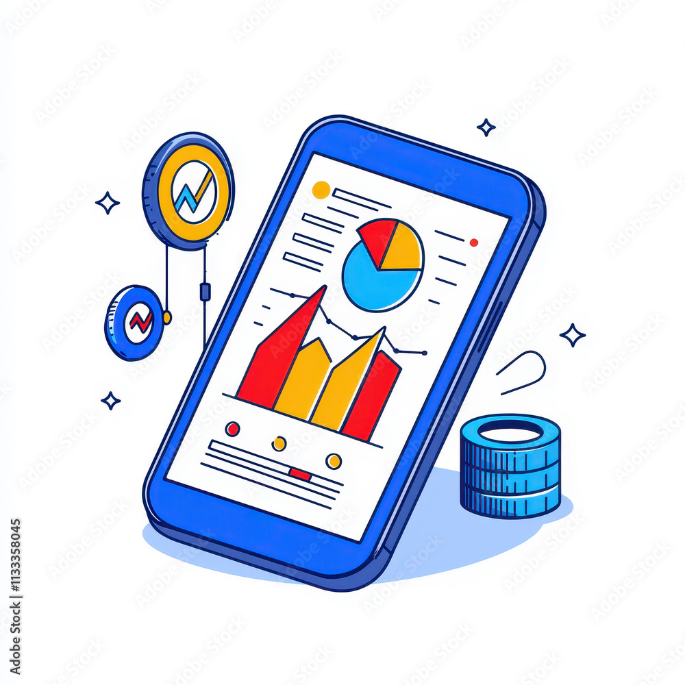 Poster smartphone displaying colorful graphs and charts, symbolizing financial data analysis and investment