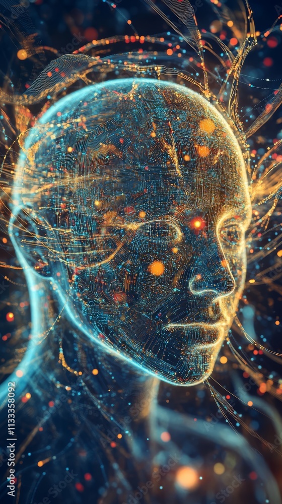 Poster a striking close-up of an ai human head formed by intricate neural designs glowing with orange and b