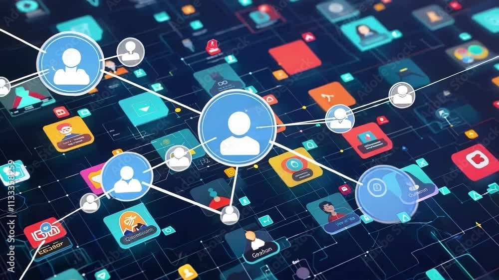 Poster network visualization showing connections between user profiles, data points, and digital icons. ide