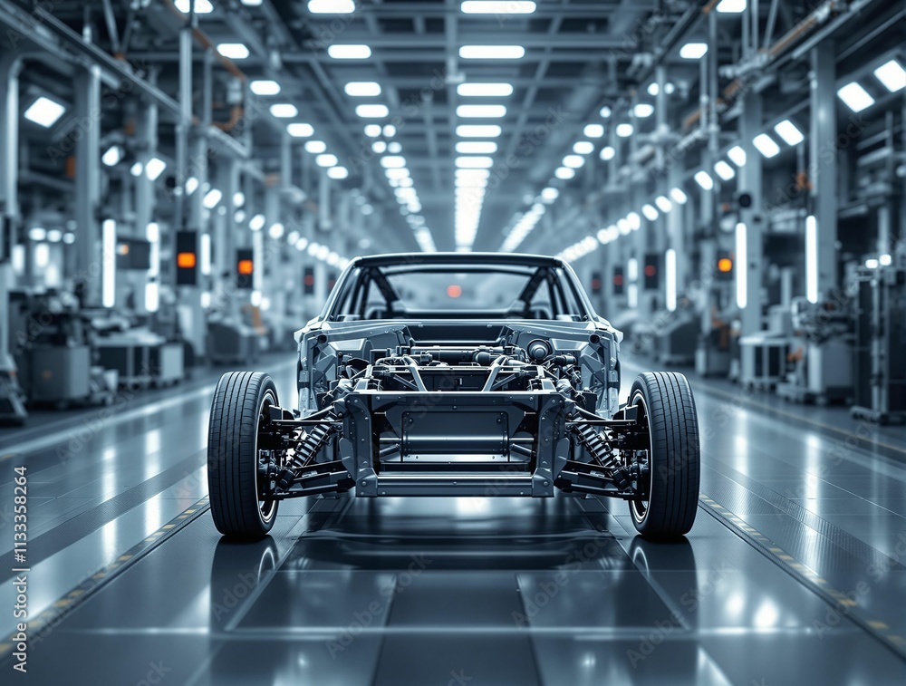 Poster a vehicle chassis, gleaming in the bright factory light, moves along the assembly line.