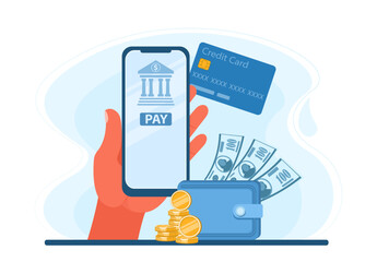 Online banking, online shopping and payment concept. Smartphone in hand with banking app, credit card and wallet with money. Vector illustration in blue color.