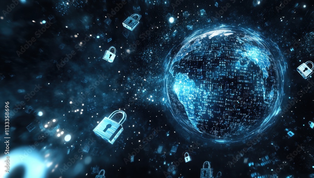 Poster abstract digital background with blue and white glowing data flow, global network concept, cybersecu
