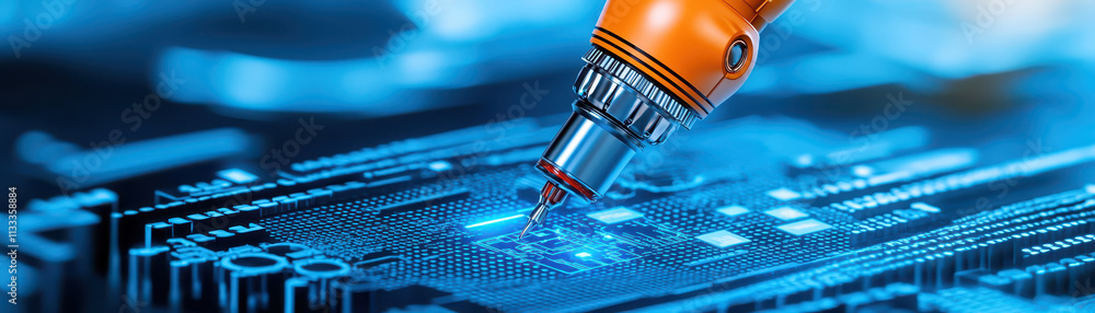 Poster futuristic technology concept with robotic arm working on circuit board