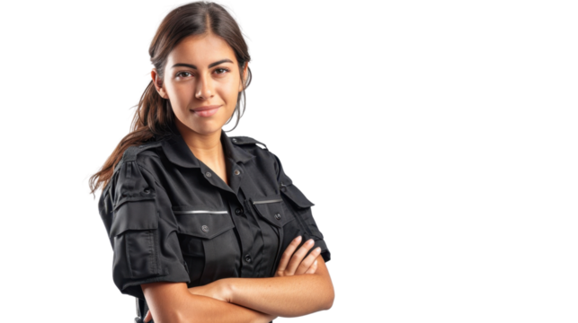 Mexican young female security guard uniform, confident and arms crossed on white background