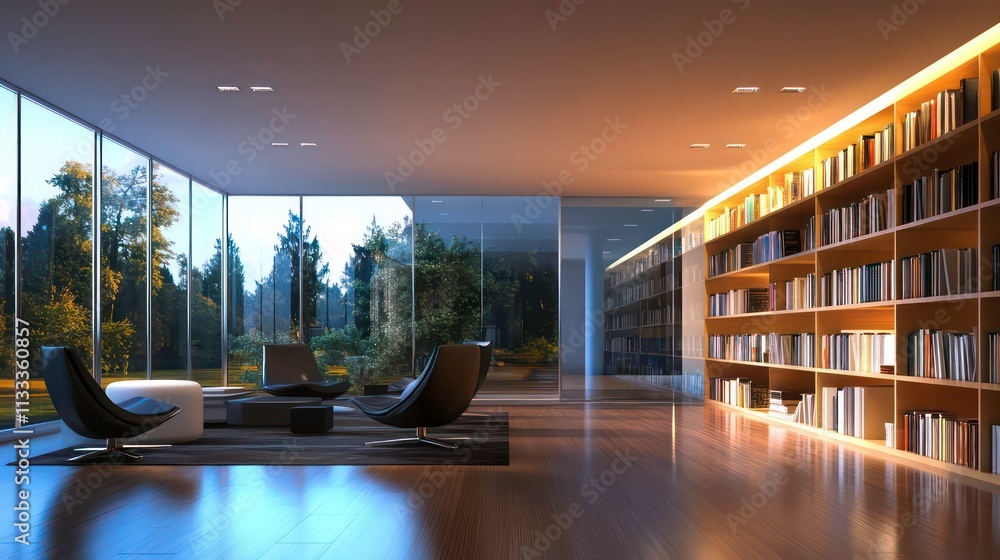 Poster modern library with large windows overlooking a tranquil forest landscape at dusk. comfortable seati