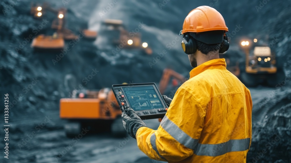 Poster workers utilize technology to monitor gemstone extraction in a mining site. heavy machinery operates