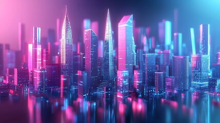 Fototapeta premium Neon cityscape, futuristic city skyline, digital architecture.
