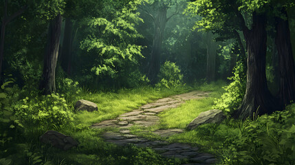 Serene stone path winds through lush green forest, dappled sunlight filtering through leaves. Tranquil nature scene.