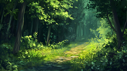 Obraz premium A digital painting of a sun-dappled path winding through a lush green forest. The vibrant greens and soft light create a peaceful and enchanting atmosphere.
