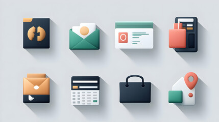 A collection of colorful, 3D icons representing various business functions, including communication, finance, and location services.