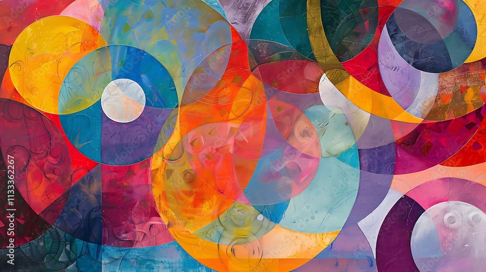 Poster a colorful abstract painting with overlapping ellipses and circular patterns