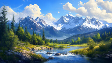 Fototapeta premium Serene mountain landscape: A picturesque river flows through a lush valley, framed by majestic snow-capped peaks under a vibrant blue sky. Tranquil and breathtaking.