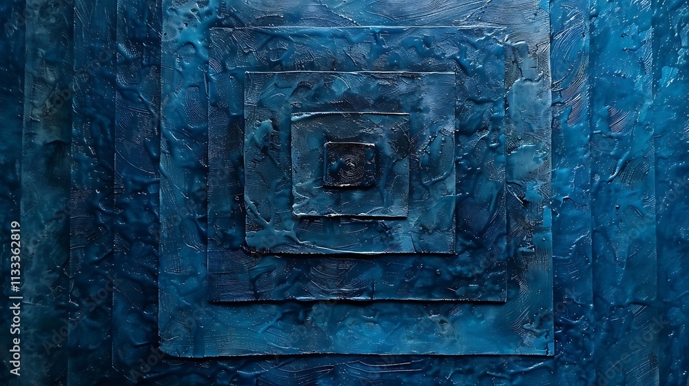 Aufkleber a composition of concentric squares and rectangles, each with a different texture and shade of blue