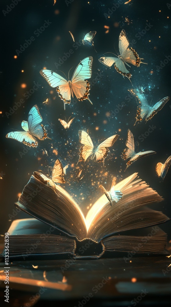 Poster artistic portrayal of glowing butterflies ascending from an open book surrounded by warm light and m