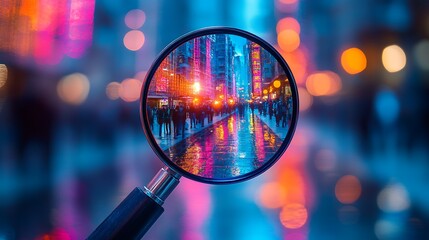 Magnifying glass focusing on a bright individual among a crowd with abstract digital overlay and colorful bokeh