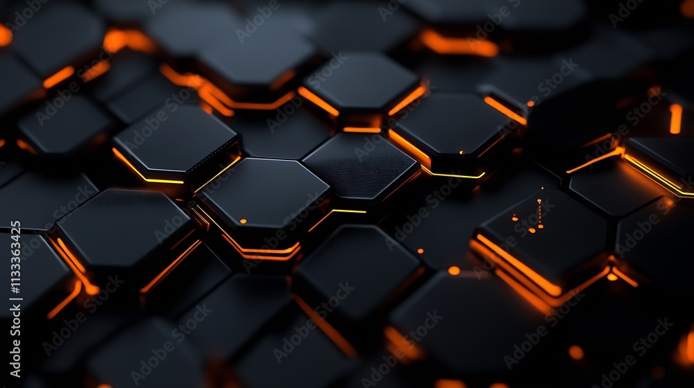 Poster futuristic black and orange hexagonal pattern with glowing accents for technology backgrounds : gene