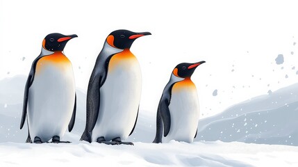 Obraz premium Group of Three Charming Emperor Penguins Standing Together in a Snowy Landscape with Soft White Background and Gentle Snowfall Illustrating Antarctic Wildlife