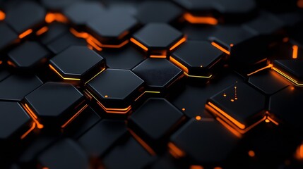 Obraz premium Futuristic Black and Orange Hexagonal Pattern with Glowing Accents for Technology Backgrounds : Generative AI