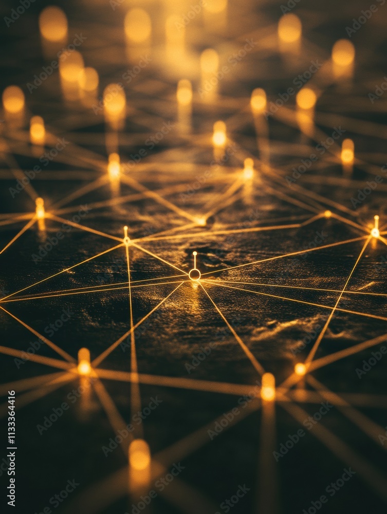 Poster glowing nodes create a vibrant network on a dark surface, leaving ample space for text and informati