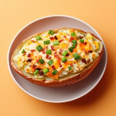 A baked potato topped with cheese, bacon, and green onions on a round plate against a vibrant orange background.