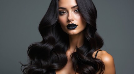 Fototapeta premium A stylish woman with black lipstick and flowing black hair poses confidently in a studio setting. The background is neutral, emphasizing her striking features and bold fashion choice.