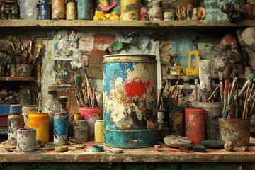 Artists Messy Studio Paint Supplies And Brushes