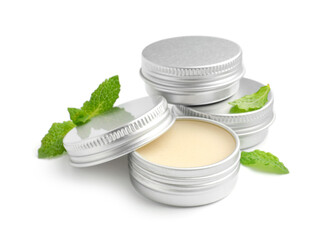 Mint lip balms and green leaves isolated on white. Cosmetic product