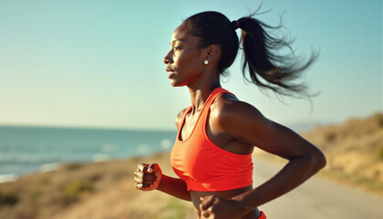 Fit young African woman jogging along a coastal road in the morning sunlight