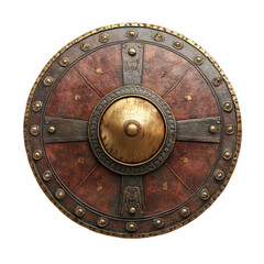 Naklejka premium Ancient warrior shield displayed against a transparent background showcasing intricate designs and craftsmanship, Ancient Warrior Shield Display, transparent background.