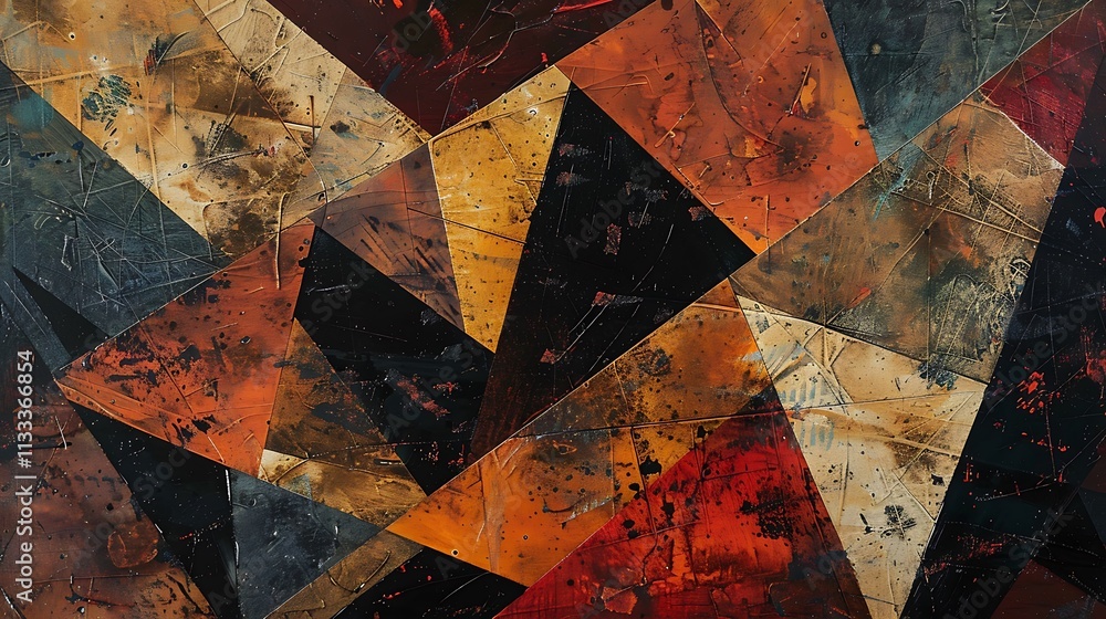 Poster a textured abstract piece featuring sharp, angular shapes in contrasting colors