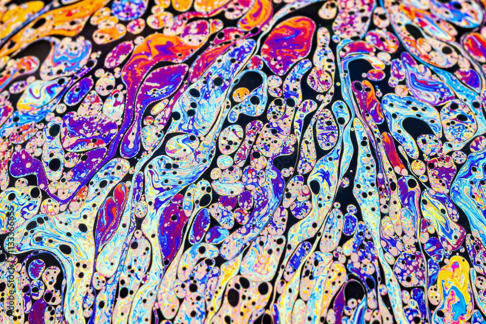 Wall mural Real photograph of a colorful light interference on a soap bubble surface with random swirls, curves and lines