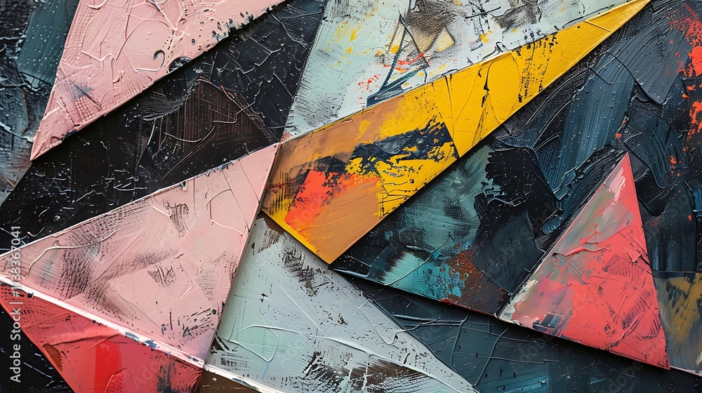 Poster a textured abstract piece featuring sharp, angular shapes in contrasting colors