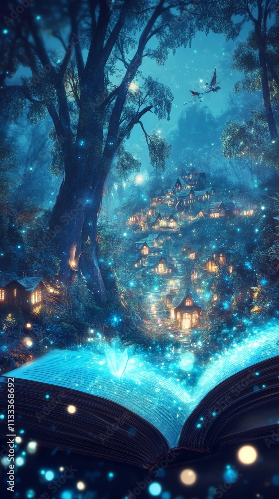 Poster a spellbinding open book casting a radiant light on a tiny glowing village nestled in a magical fore