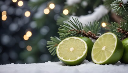 Sliced limes on a snowy pine branch with Christmas lights in the background
